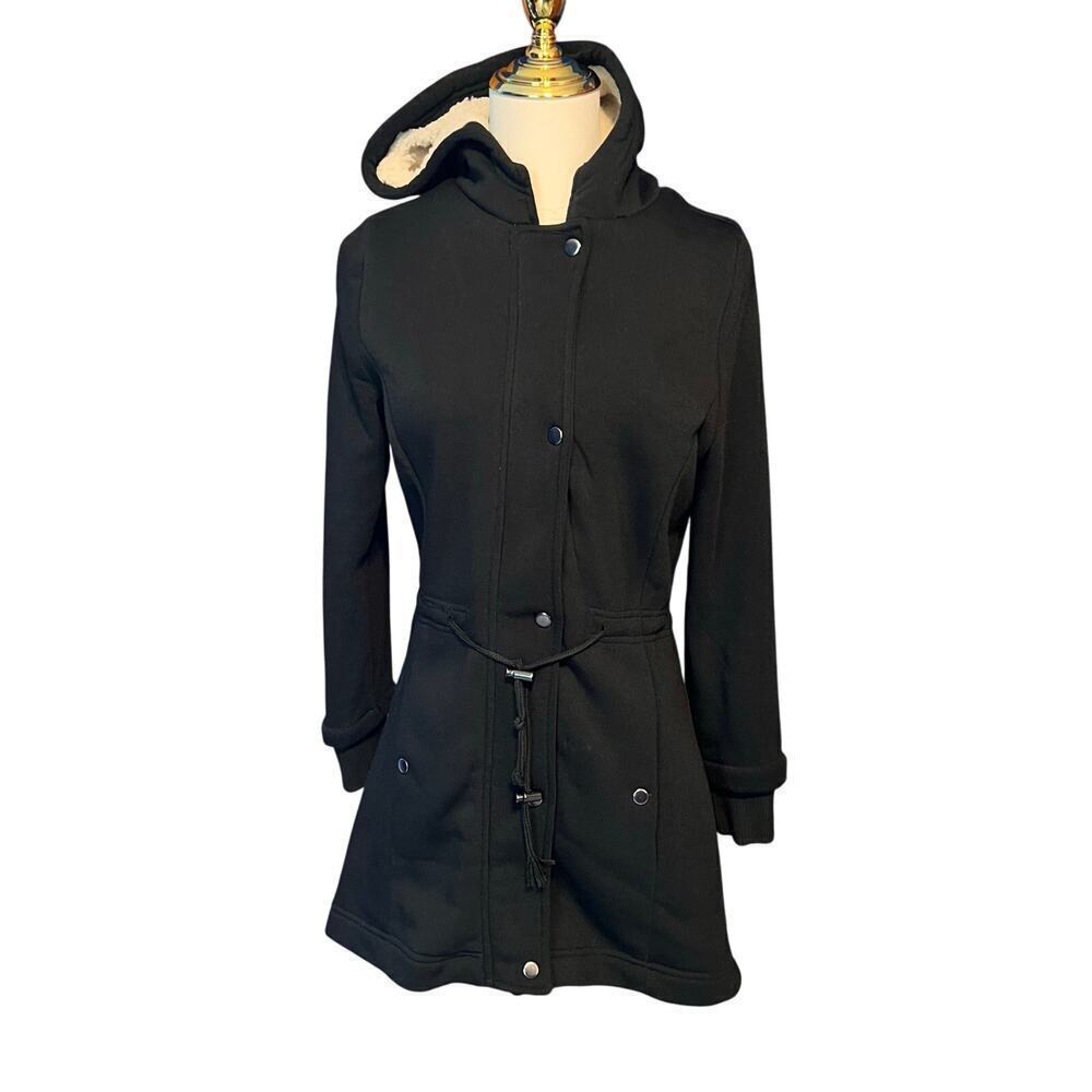 Cavalini Women's Black Jacket. Tie at Waist, Faux Sherpa Hood, Pockets. Size PM